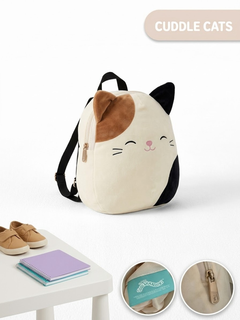 Squishmallows Cuddle Cats Plush Backpack - Cream/Brown/Black - 10x8